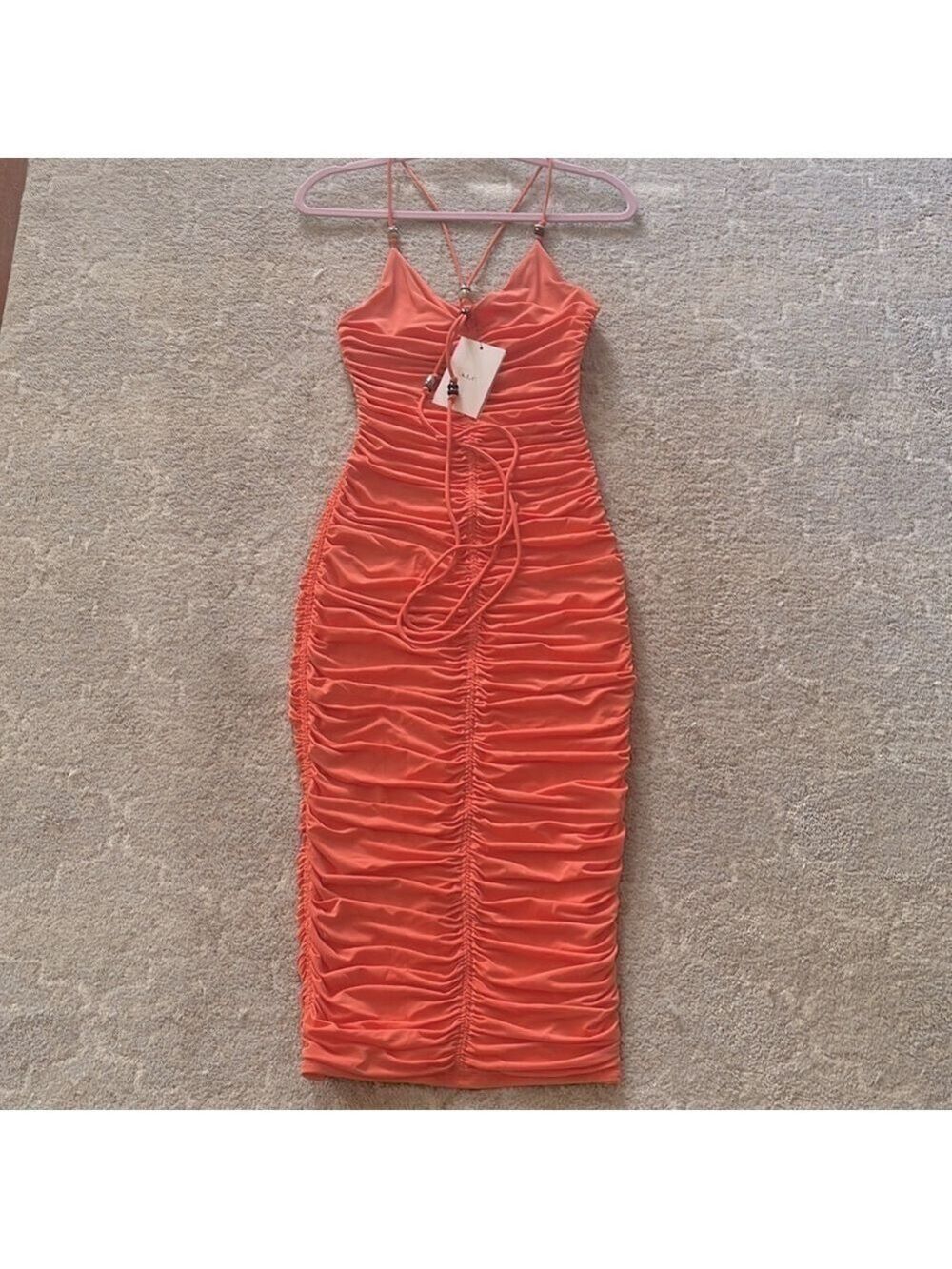 A.L.C. Allegra Ruched Embellished Halter Bodycon Sangria Orange Midi Dress Small - Picture 10 of 16